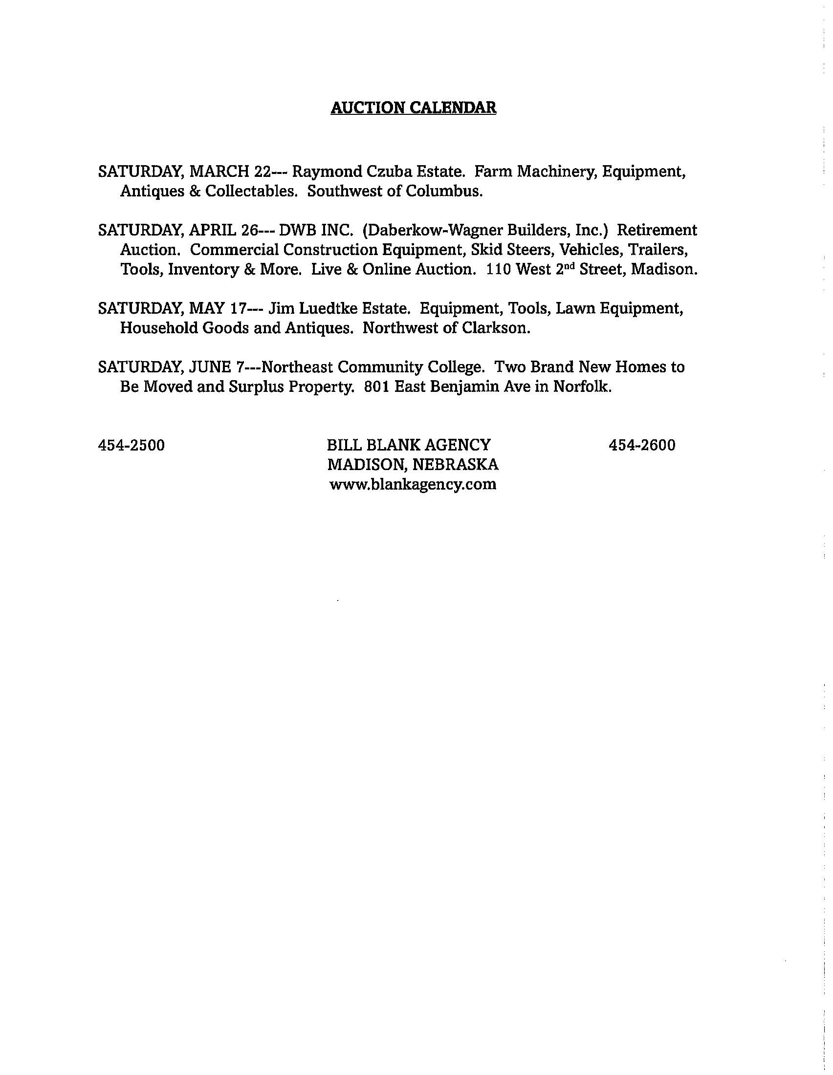 AUCTION CALENDAR ["auctions"] Blank Agency, Inc.